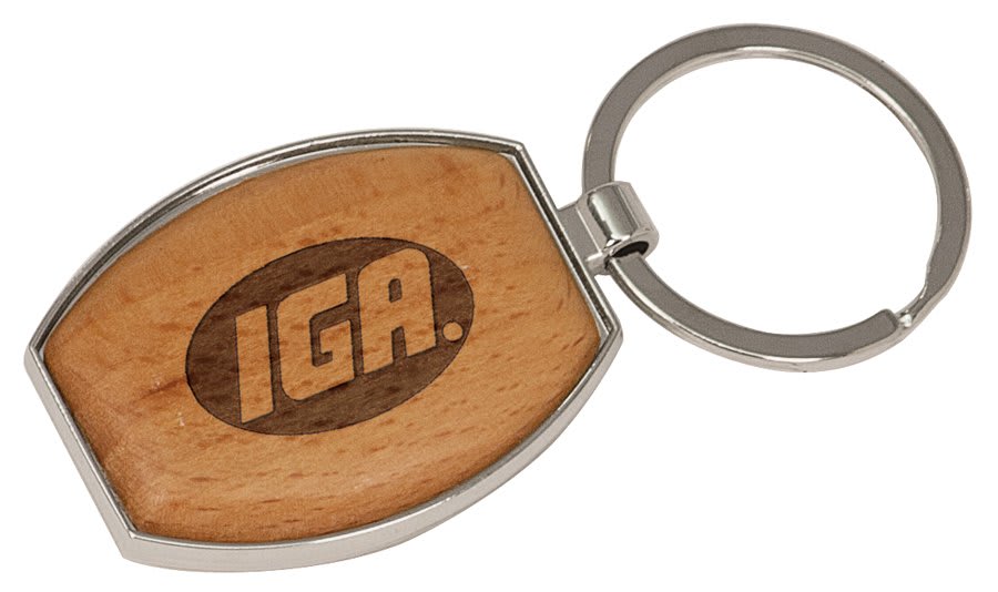 1 1/2″ x 1 15/16″ Silver/Wood Laserable Oval Keychain