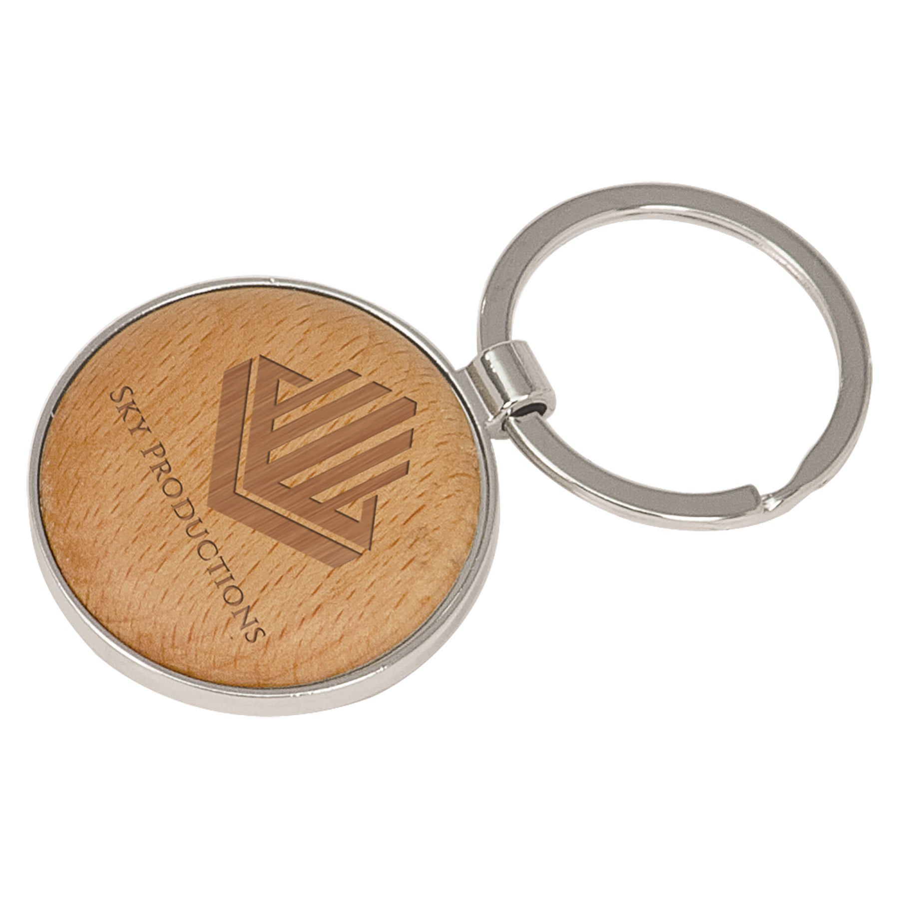 1 5/8″ Silver/Wood Laserable Round Keychain